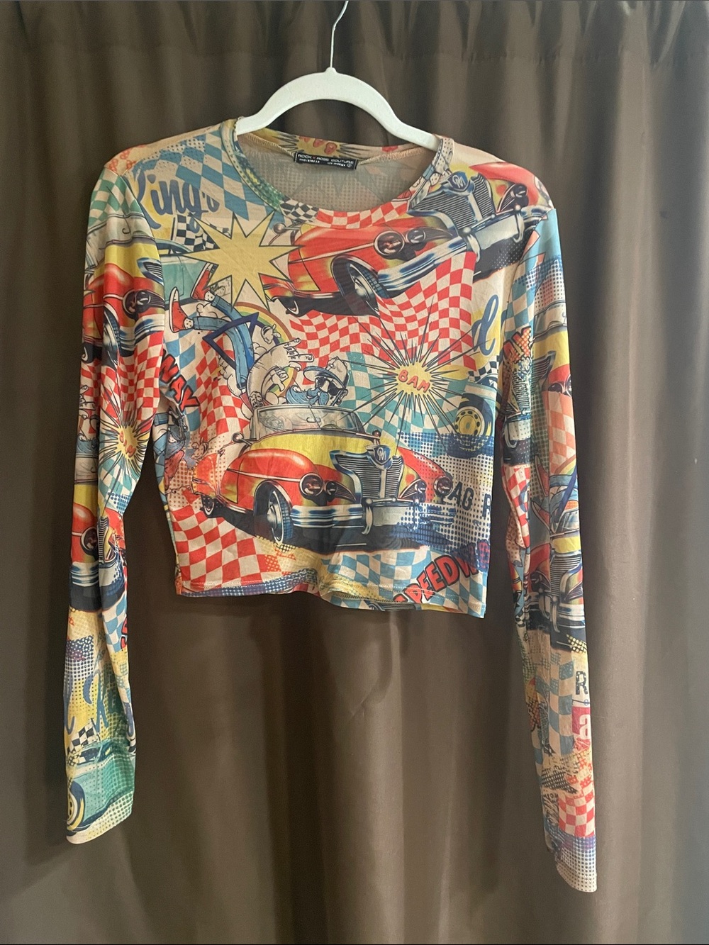 Vintage-Inspired Multicolor Car Print Long Sleeve Crop Top